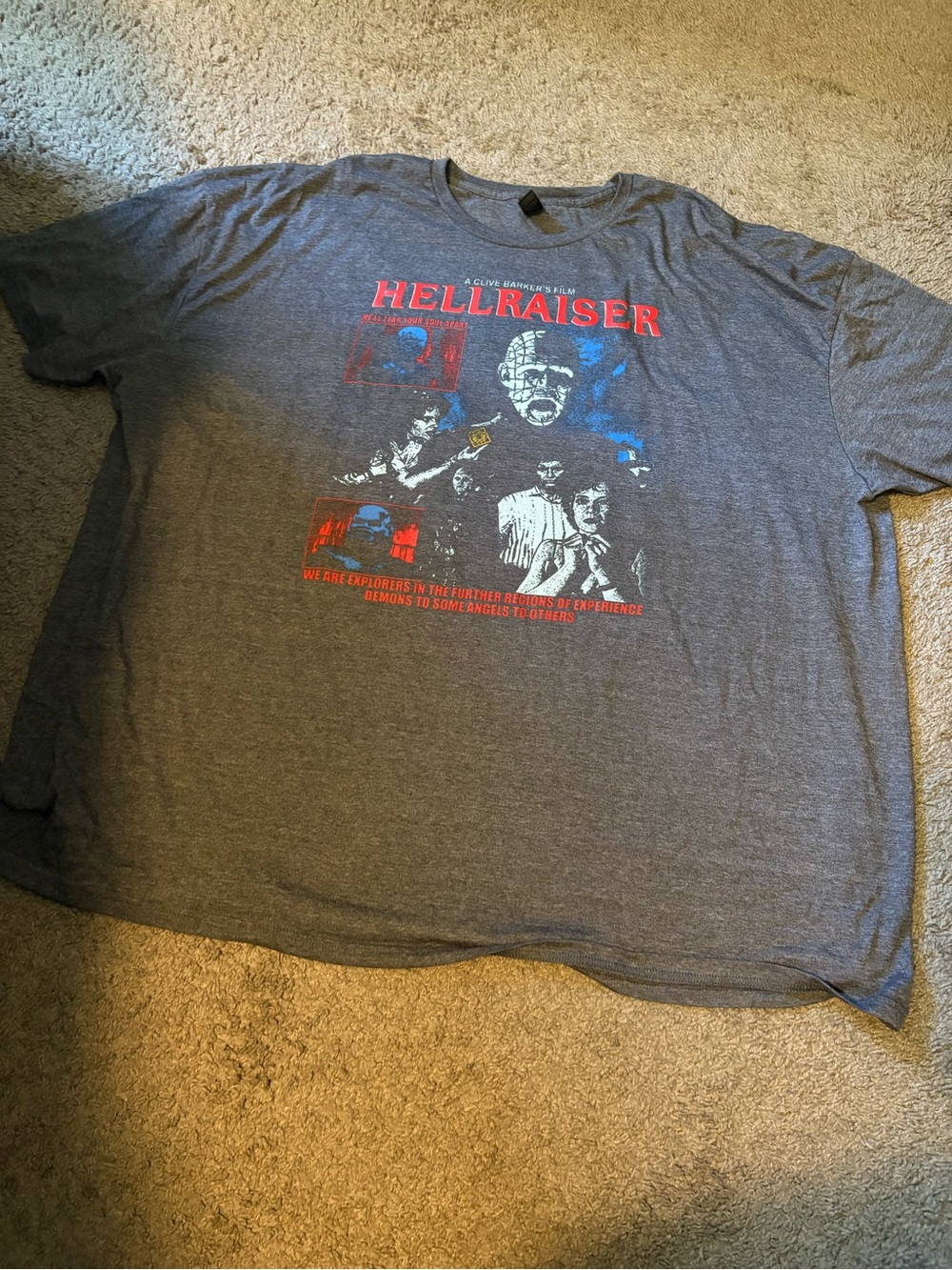 Gildan Men's Gray Hellraiser Graphic Short Sleeve Tee with Red and Blue Print